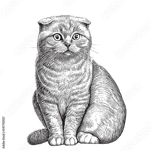 Lop-eared british cat sitting hand drawn sketch Pets Vector illustration