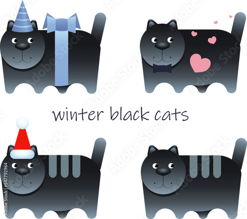 winter black cats with heart, hat, and tape. set. vector illustration. cartoon