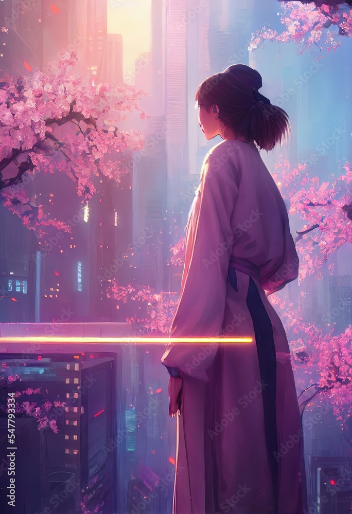 Japanese futuristic city, girl silhouette, sakura blossom, neon.