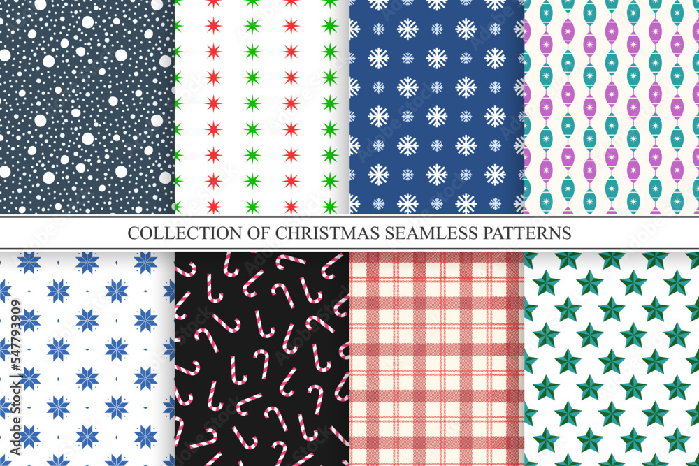 Collection of christmas seamless patterns. Festive colorful new year endless backgrounds. Trendy celebration prints. Can be used as wrapping paper, covers, wallpaper etc Collection of christmas seamless patterns. Festive colorful new year endless backgrounds. Trendy celebration prints. Can be used as wrapping paper, covers, wallpaper etc