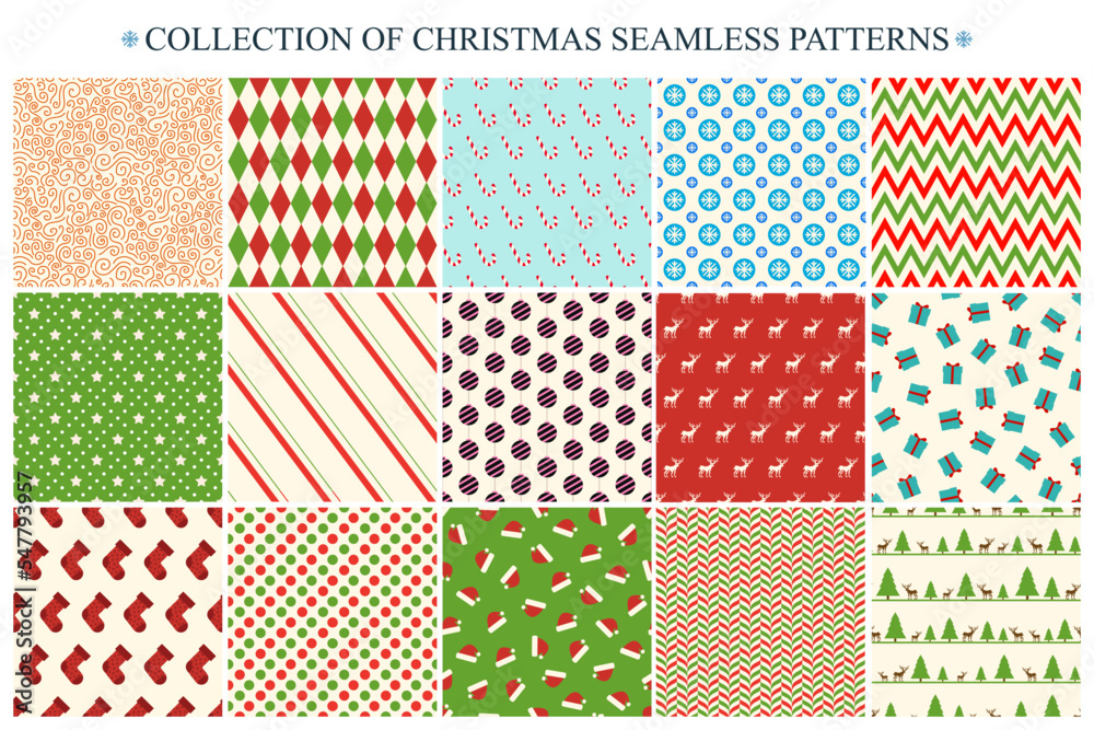 Collection of christmas seamless patterns. Holiday endless colorful backgrounds. Ornamental celebration new year prints. Can be used as wrapping paper, textile covers, wallpaper etc Collection of christmas seamless patterns. Holiday endless colorful backgrounds. Ornamental celebration new year prints. Can be used as wrapping paper, textile covers, wallpaper etc