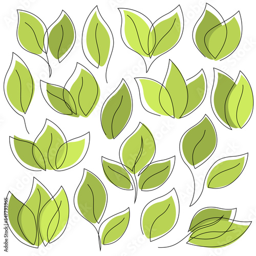 Green leaves continuous single line symbols set. Spring, eco, natural, organic concept design flat element collection