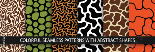 Collection of colorful seamless patterns with abstract shapes. Creative vector backgrounds. Drawing trendy textures