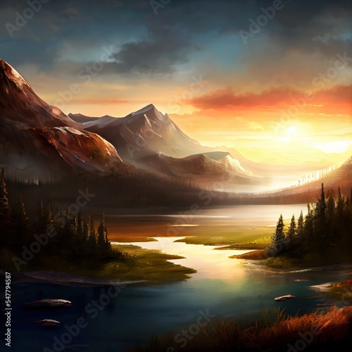 Beautiful landscape. River in the valley and silhouette of the mountains on background. Ai generated illustration