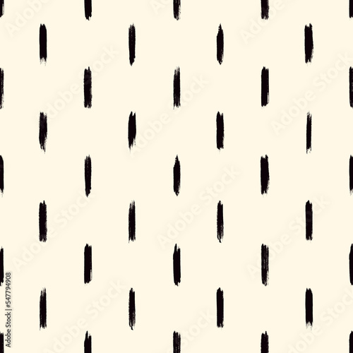 Grunge style seamless pattern. Repeated dash line motif. Modern minimal geometric surface print. Freehand brush texture