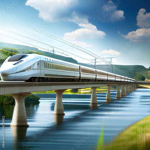 Modern speed train crossing the bridge over the river. Fast speed, blurred motion. Photorealistic illustration generated by Ai
