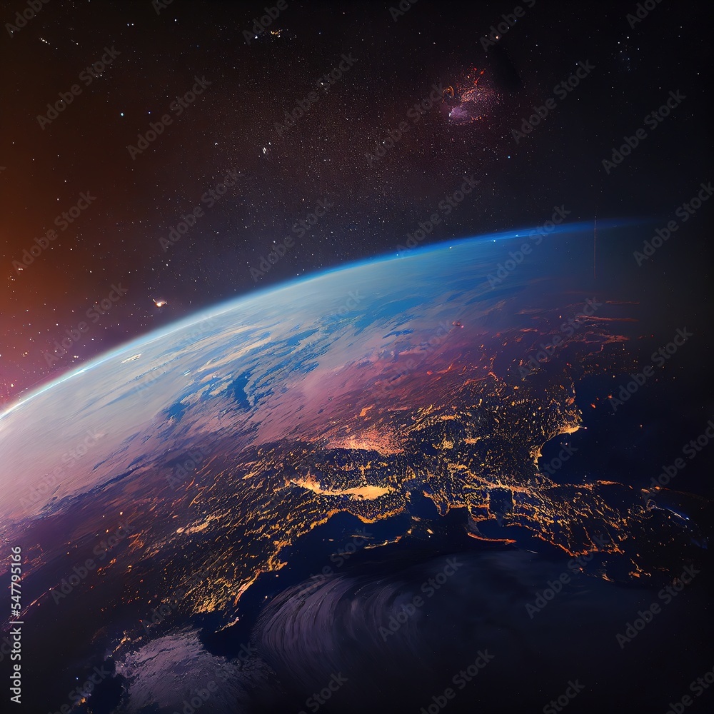 Obraz premium Beautiful planet Earth . View from the space. City lights on the dark side. Photorealistic illustration generated by Ai