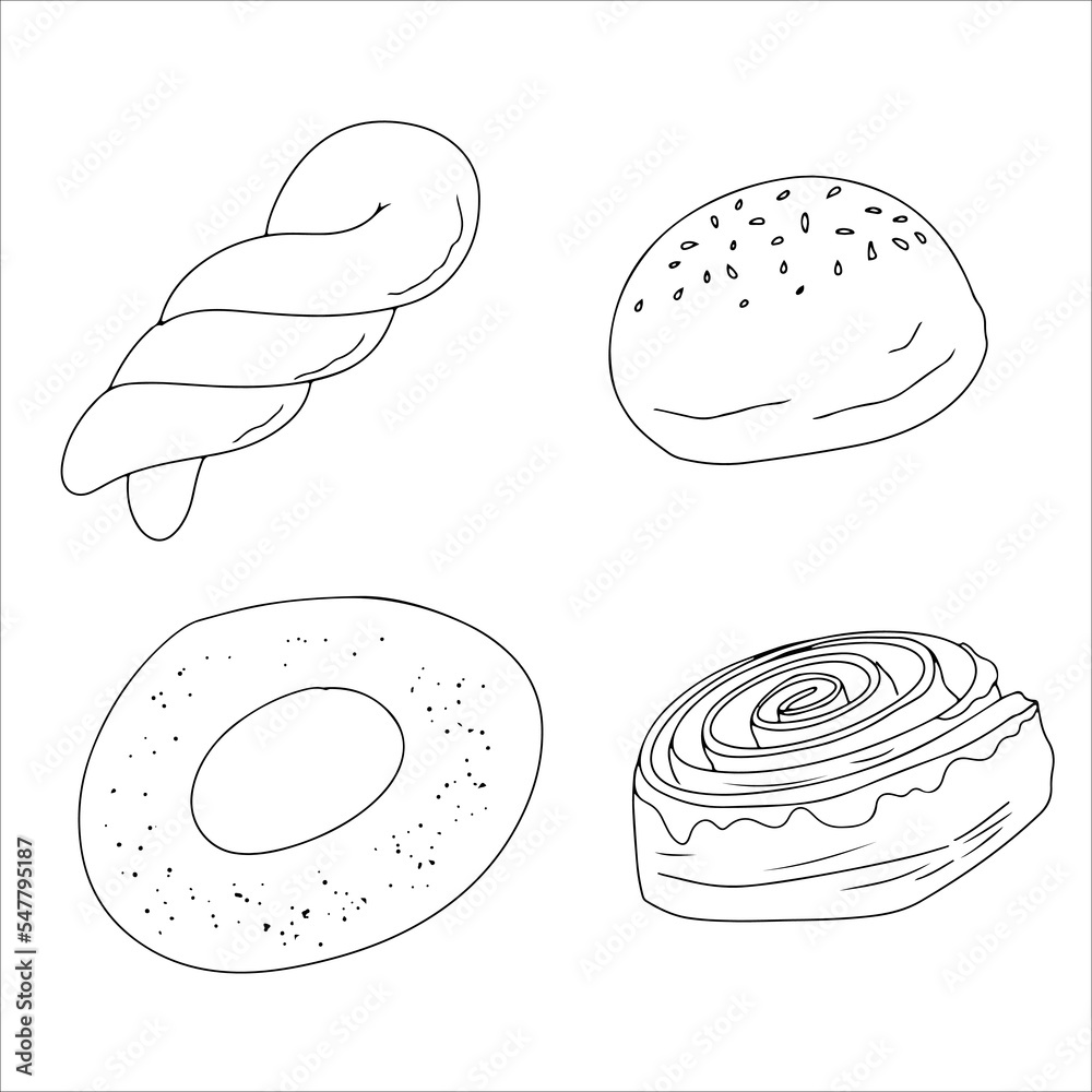 Set Butter pastry. Confectionery. Bun for breakfast. Loaf. Bakery. Vector illustration on a white background. Set Butter pastry. Confectionery. Bun for breakfast. Loaf. Bakery. Vector illustration on a white background.