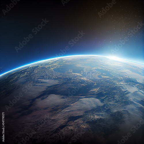 Beautiful sunrise over the planet Earth . View from the space. Photorealistic illustration generated by Ai