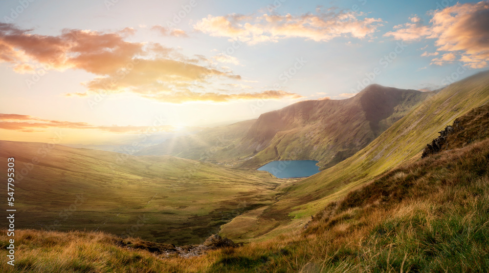 Amazing  view in the national park Lake District in England  on a foggy  day in Autumn