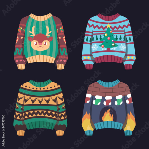 Set of ugly Christmas sweaters with various patterns