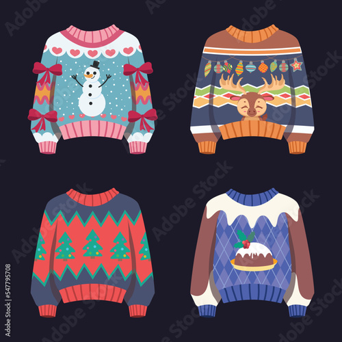 Ugly Christmas sweater set with colorful patterns