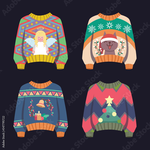 Set of ugly Christmas sweaters with multicolor patterns