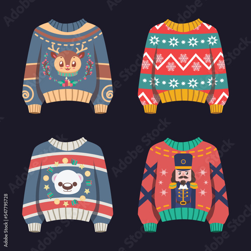 Set of ugly Christmas sweaters with cute patterns