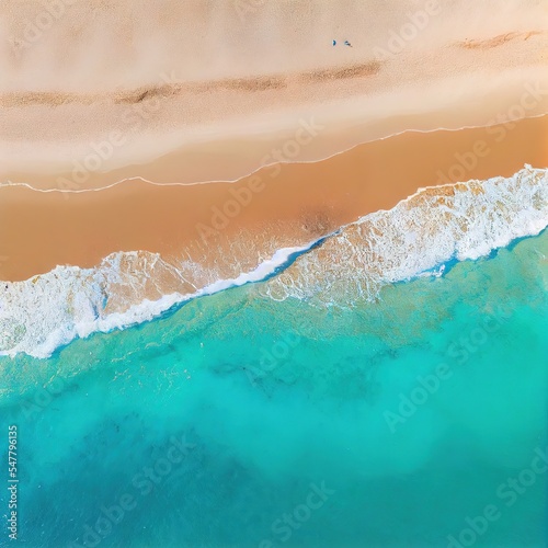 Paradise sandy beach and turquoise sea  directly above view. AI generated photorealistic illustration