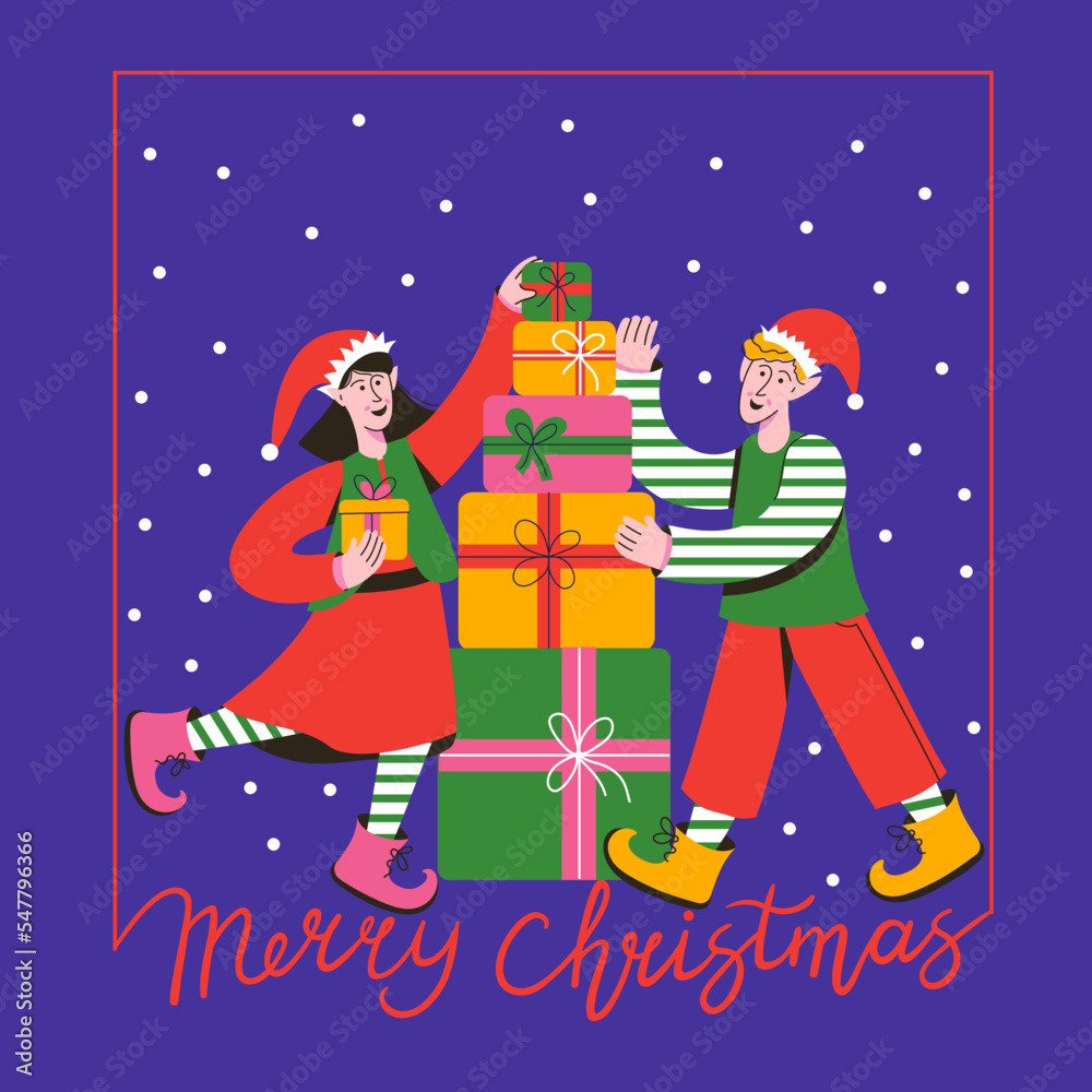 Naklejka premium Christmas Santas Elves cute little boy and girl. Santas helpers bringing gifts. Merry Christmas greeting card, banner or poster