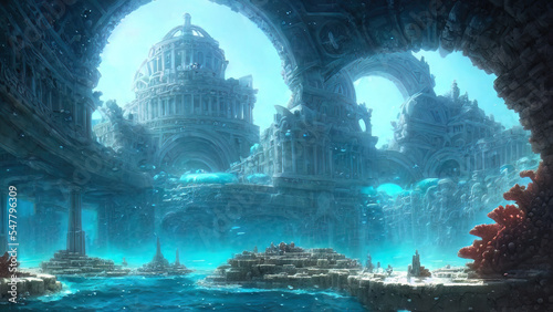 Ancient majestic sunken city of Atlantis civilization. Fantasy city at the bottom of the ocean. 3D illustration