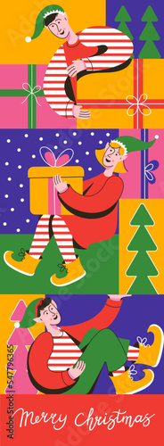 Christmas Santas Elves cute little boys and girl. Santas helpers with gifts. Merry Christmas greeting card, banner or poster
