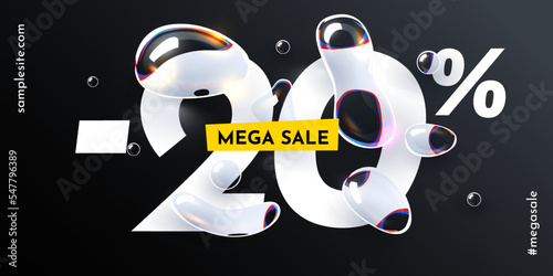 20 percent Off. Discount creative composition with water drops. Fresh Sale banner and poster.