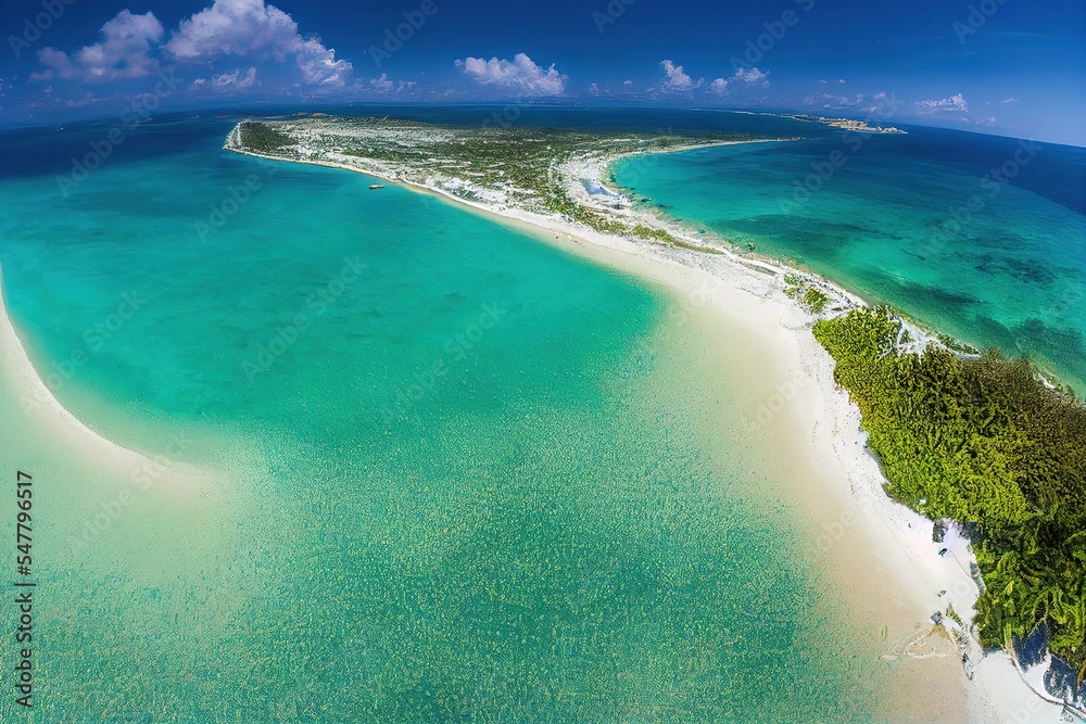 Paradise island and turquoise sea, aerial view. AI generated photorealistic illustration