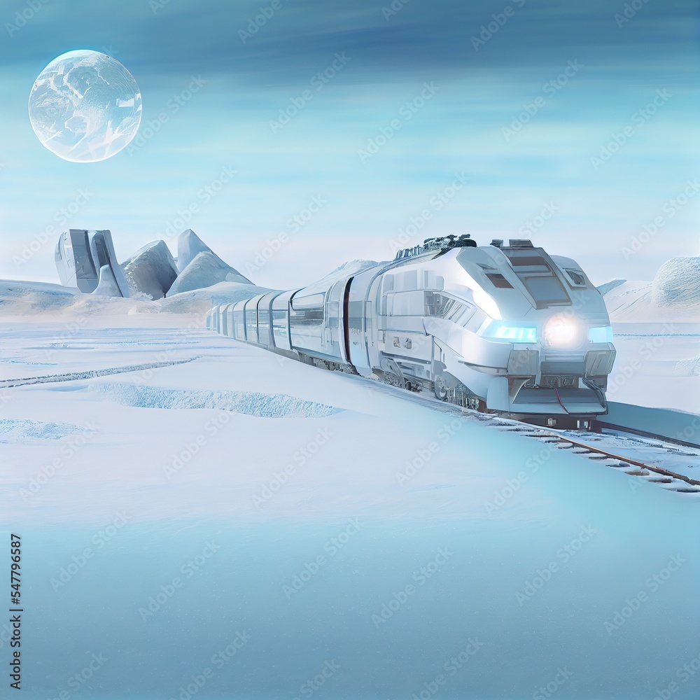 Futuristic train crossing frozen, snow capped landscape, beautiful Ai generated illustration Futuristic train crossing frozen, snow capped landscape, beautiful Ai generated illustration