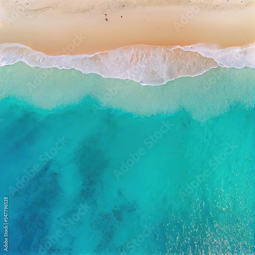 Paradise sandy beach and turquoise sea, directly above view. AI generated photorealistic illustration