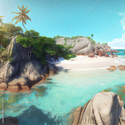 Perfect secluded beach at the tropical island, aerial above view. AI generated photorealistic illustration