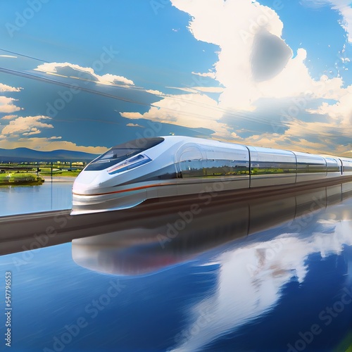 Modern bullet train crossing the bridge over the river. Fast speed, blurred motion. Photorealistic illustration generated by Ai