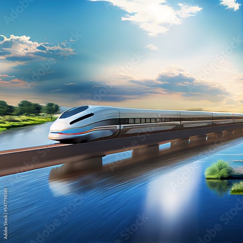 Modern bullet train crossing the bridge over the river. Fast speed, blurred motion. Photorealistic illustration generated by Ai