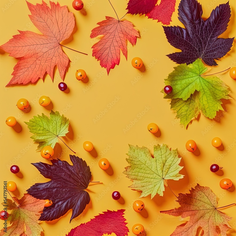 Fototapeta premium Autumn leaves flat lay Minimalistic composition on a yellow background Orange green grape leaves top view, copy space Mockup for autumn design of postcards invitations websites Autumn background , ani