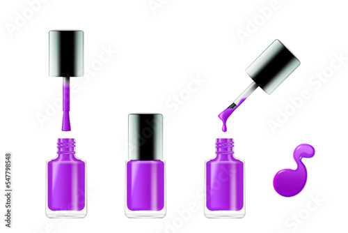 Purple nail polish realistic set. Nailpolish for manicure pedicure open, closed bottle, brush, drop