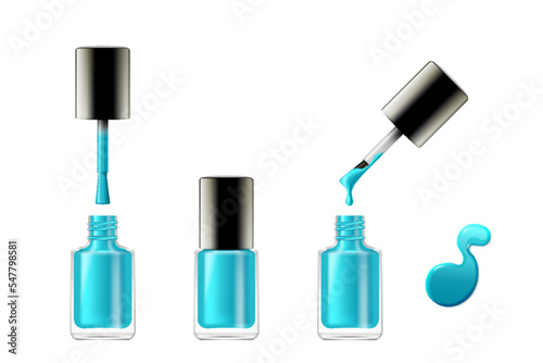 Blue nail polish realistic opened and closed bottle, brush and enamel drop. Container for manicure
