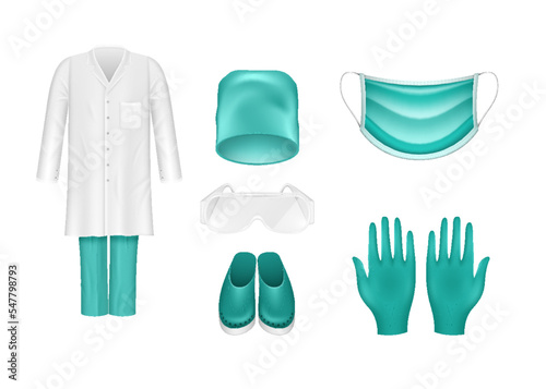 Medical worker uniform and accessories. Realistic face mask, coat, hat, shoes, glasses and gloves
