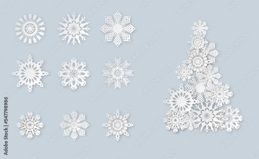 Realistic paper snowflakes and christmas tree symbol set. Papercut snow flakes elements Realistic paper snowflakes and christmas tree symbol set. Papercut snow flakes elements