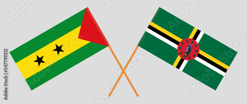 Crossed flags of Sao Tome and Principe and Dominica. Official colors. Correct proportion