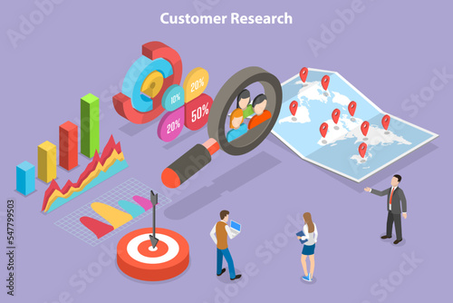 3D Isometric Flat Vector Conceptual Illustration of Customer Research, Gathering User Data
