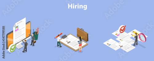 3D Isometric Flat Vector Conceptual Illustration of Hiring Process Set, HR Recruitment Scenes