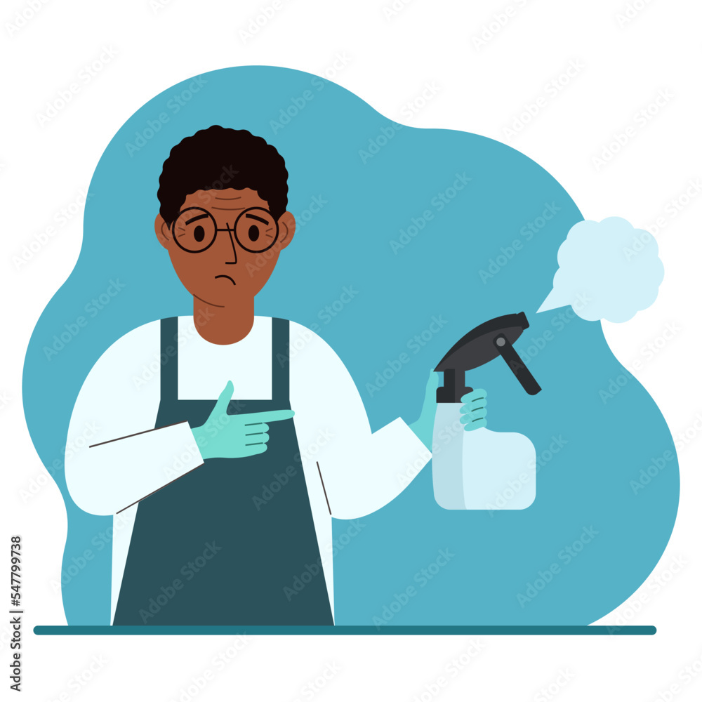 A man in gloves holds a spray bottle with disinfectant liquid, antiseptic or detergent. Home disinfection and hygiene. A man in gloves holds a spray bottle with disinfectant liquid, antiseptic or detergent. Home disinfection and hygiene.