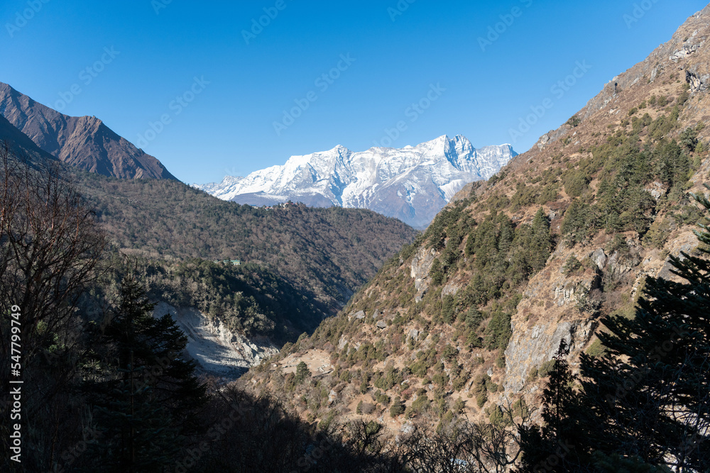Panoramic view from Sarangkot Hill with Himalayan Mountains in background such as Annapurna, Hiunchuli, Kangshar Kang Roc Noir , Mardi Himal, Machapuchare and Lamjung Himal, West of Pokhara, Nepal,