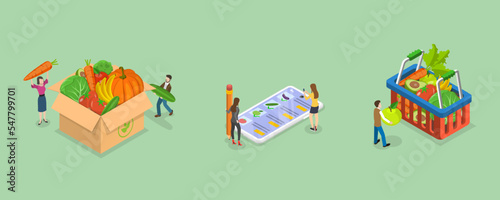 3D Isometric Flat Vector Conceptual Illustration of Vegetables Buying, Shopping Scene Set
