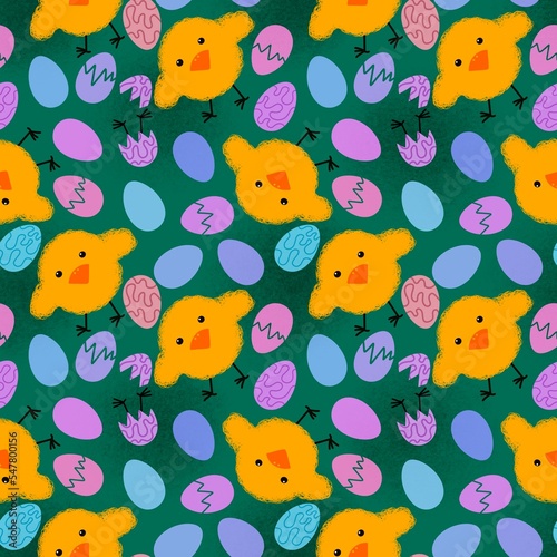 Easter eggs seamless cartoon chicken pattern for wrapping paper and fabrics and linens and kindergarten accessories © Tetiana