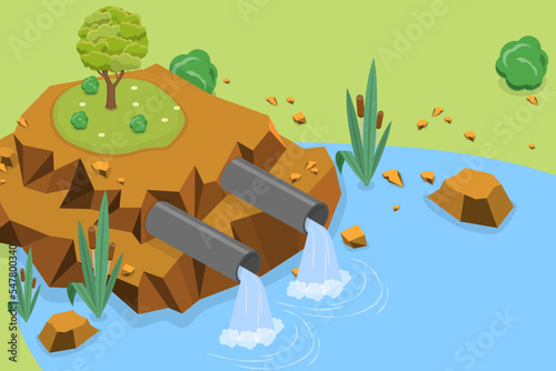 3D Isometric Flat Vector Conceptual Illustration of Wastewater Pollution, Sewage Ecological Damage