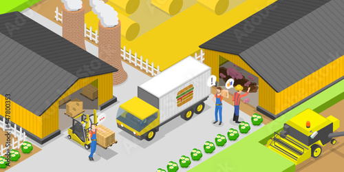 3D Isometric Flat Vector Conceptual Illustration of Food Production and Distribution, Farming and Agriculture