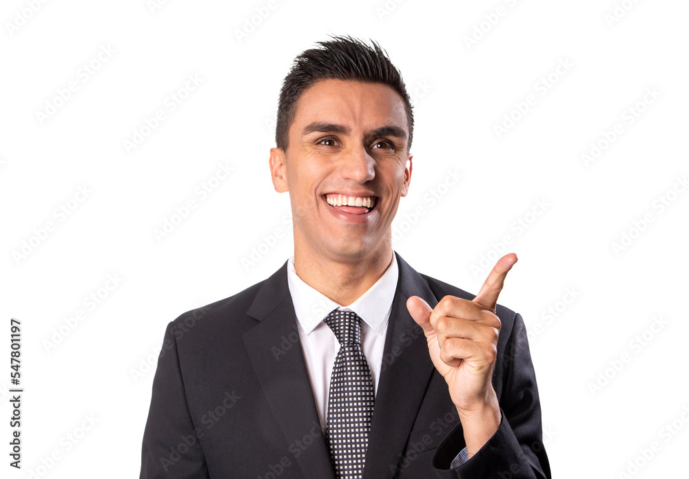 Confident businessman in a suit pointing on a white background Confident businessman in a suit pointing on a white background