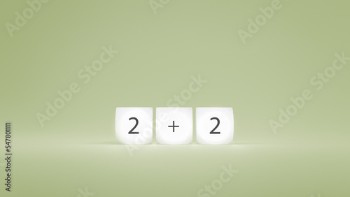 White plastic tiles with 2+2 sign in green background, 3d rendering. Letter cubes with education and basic maths concepts