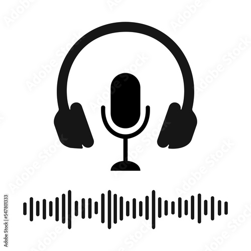 Headphones, microphone and sound wave icons. Online radio, concert, song recording, streaming, podcast, broadcast pictogram. Vector graphic illustration.