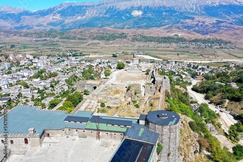 Gjirokaster Castle. Gjirokastra. Albania. View of the fortress from above. View of the city from above. White buildings in the center of the Gyrocastra. Drone shooting photo