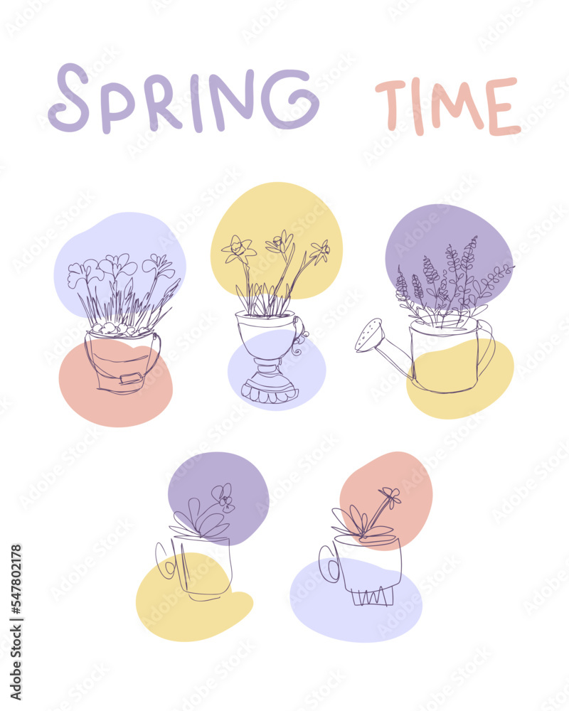 Lineart spring flowers crocuses, lavender, daffodils, daisy and pansy poster. Hand drawn vector illustration for decor and design.