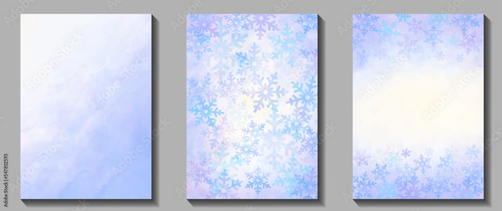Vector set watercolor Christmas background with blue snowflakes for cards. Hand drawn vector texture. Blue and pink watercolor brushstrokes. Template for flyer, poster, banner. Merry Christmas! Winter