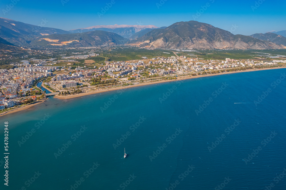 Aerial top View marina in Finike of Antalya Turkey. Landscape summer time